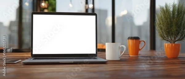 Fototapeta The laptop on a wooden table with coffee and plants in a bright workspace.