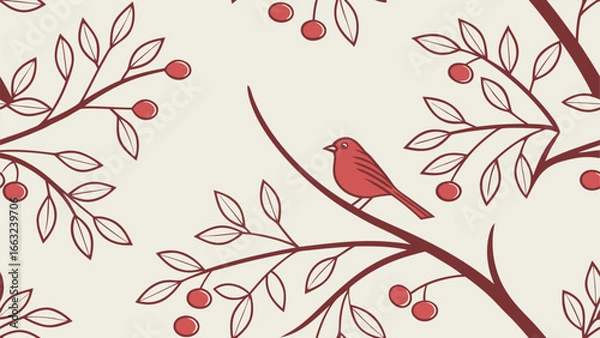 Obraz Red Bird Perched on Branch Amidst Berries and Leaves