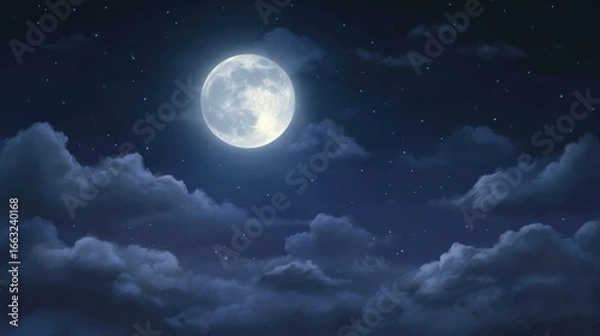 Fototapeta Enchanting full moon illuminates night sky with mystical clouds and stars