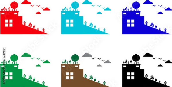 Obraz Varied colored building structures with trees and clouds in a whimsical architectural setting art