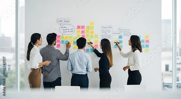 Obraz Business team brainstorming session using a whiteboard and sticky notes.