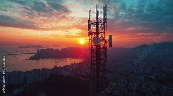 Fototapeta Cityscape sunset with telecommunications tower