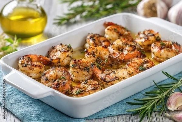 Fototapeta Roasted shrimp in a white baking dish, garnished with herbs and garlic
