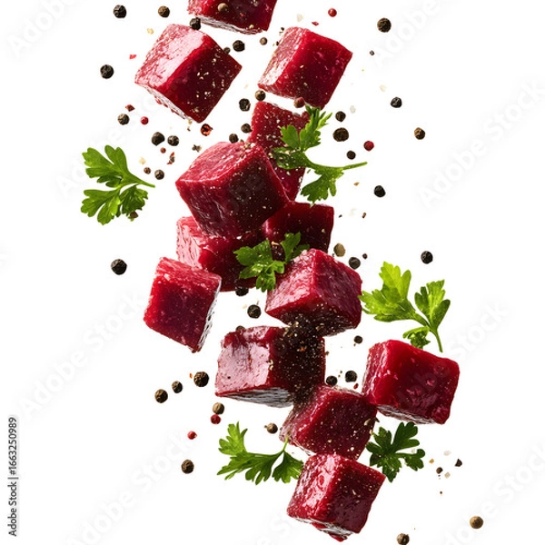 Obraz Elegant Goose Meat Cubes Dropping with Scattered Parsley and Pepper
