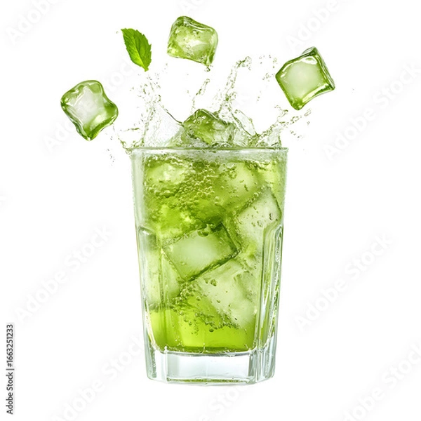 Obraz Refreshing Green Beverage Splash with Ice Cubes in Glass