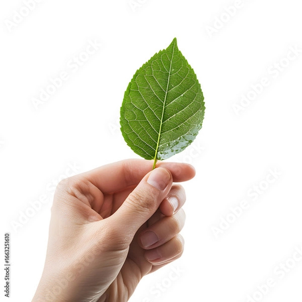 Fototapeta Eco-Friendly Hand Holding Green Leaf on White Background