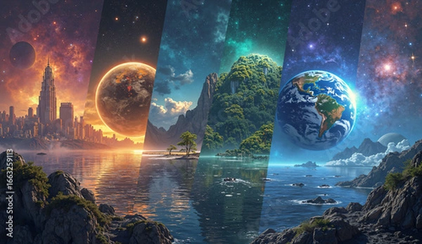 Fototapeta A wide cosmic scene featuring four distinct alternate Earths side by side a futuristic glowing city, lush jungle planet, post-apocalyptic wasteland, and vibrant ocean world with floating islands.