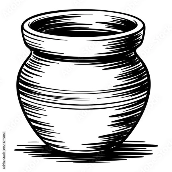 Fototapeta Black and white hand drawn sketch illustration of clay pot in vector style