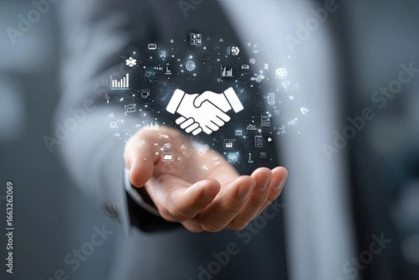 Fototapeta Hand presenting a digital handshake with data icons