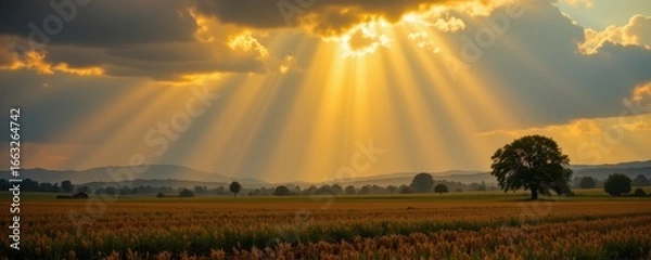Fototapeta targeted rain from luminous enchanted clouds hovering above fields producing precise soil moisture enhancing crop growth and supporting sustainable rural agriculture