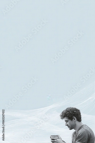 Fototapeta man holding steaming cup of coffee stands against backdrop of skyblue lines creating calming atmosphere