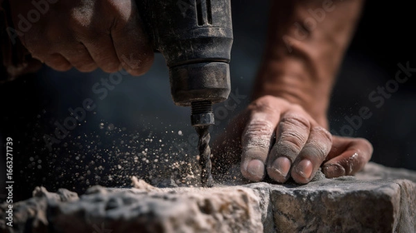 Fototapeta Close up hands of professional worker using a power hammer to drill a hole in a stone