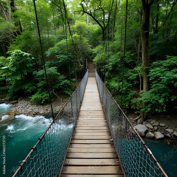 Obraz 熱帯雨林の中の木製吊り橋が、澄んだ川の上に架かる。背景に濃い緑