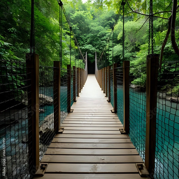 Obraz 熱帯雨林の中の木製吊り橋が、澄んだ川の上に架かる。背景に濃い緑