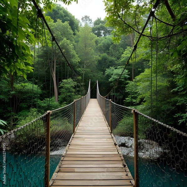 Obraz 熱帯雨林の中の木製吊り橋が、澄んだ川の上に架かる。背景に濃い緑