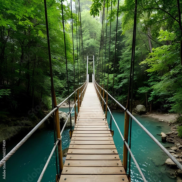Obraz 熱帯雨林の中の木製吊り橋が、澄んだ川の上に架かる。背景に濃い緑