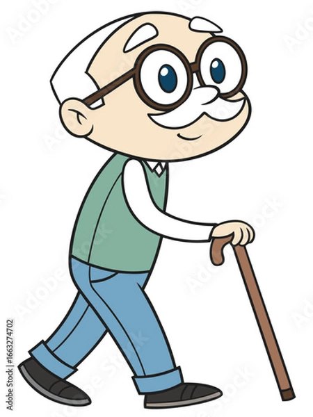 Fototapeta A smiling elderly man with white hair, a mustache, and glasses. He is wearing a light-colored shirt, a green vest, and blue pants, and is using a walking stick. He appears to be walking with a gentle.