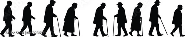 Fototapeta Aging process silhouette illustration, elderly people walking with cane, senior men and women, health decline, growing old concept, black vector art on white