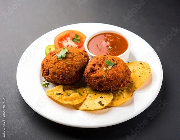Fototapeta Fried vegetable balls with chips and sauce