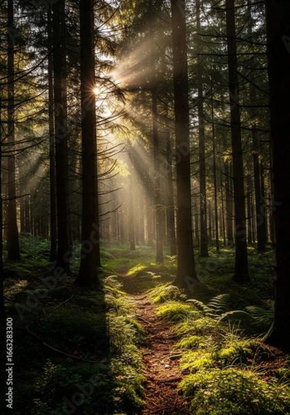 Fototapeta Sunlight Rays Shining Through Dense Forest Trees in Morning Mist