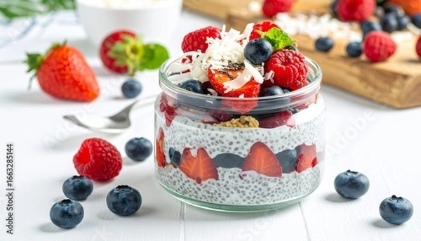 Obraz A vibrant vegan dessert made with chia pudding, layered berries, and coconut flakes in a glass jar on a white table.