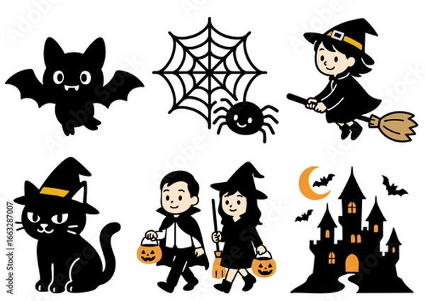 Fototapeta ハロウィンを楽しむこどもたちと黒猫のイラストセット