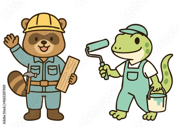 Fototapeta タヌキの大工さんとヤモリの塗装屋さんの働くイラスト