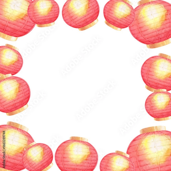 Fototapeta A watercolor illustration of several red Chinese lanterns arranged in a frame on a white background. Clip art, hand drawn, for designs related to festivals, celebrations, or Chinese New Year.