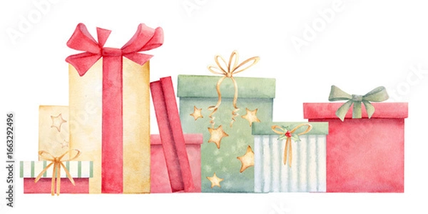 Fototapeta Composition of gift boxes of yellow, red and green colors with beautiful bows on a white background. Watercolor illustration for decoration and design in New Year and Christmas style