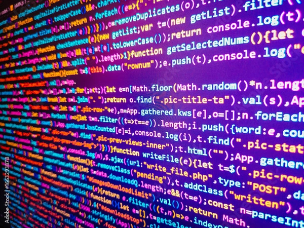 Fototapeta Programmer working in a software develop company office. Screen of green colored syntax of source code script with defocus. Script on computer with source code â€“ screen of software developer. Scr