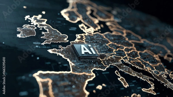 Obraz Artificial Intelligence Integration in Europe Shown by a CPU on a Digital Glowing Map
