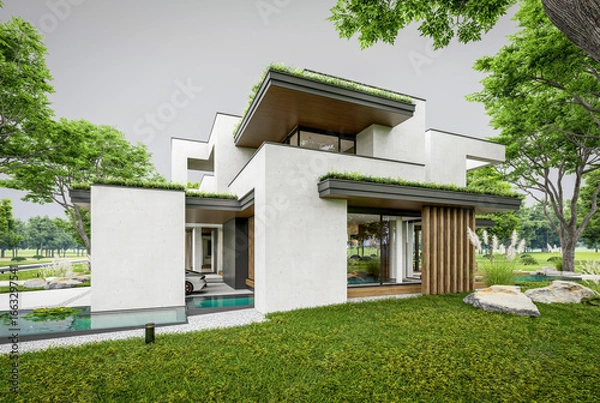 Fototapeta 3d rendering of two-story house with parking and pool for sale or rent with concrete facade and beautiful landscaping. Cloudy white sky overcast, soft shadows
