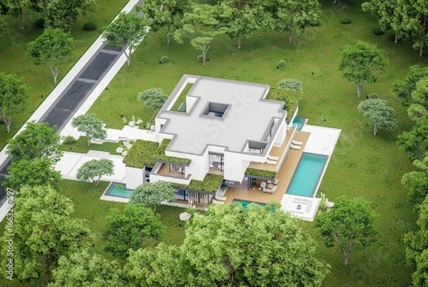 Fototapeta 3d rendering of two-story house with parking and pool for sale or rent with concrete facade and beautiful landscaping. Cloudy white sky overcast, soft shadows