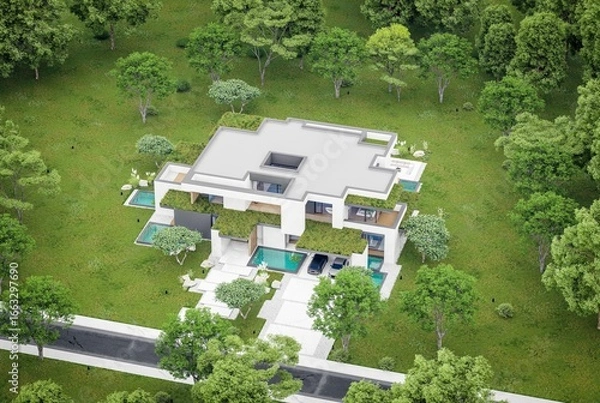 Fototapeta 3d rendering of two-story house with parking and pool for sale or rent with concrete facade and beautiful landscaping. Cloudy white sky overcast, soft shadows