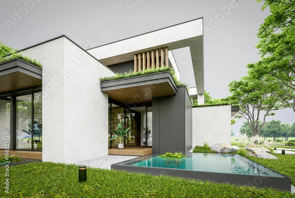 Fototapeta 3d rendering of two-story house with parking and pool for sale or rent with concrete facade and beautiful landscaping. Cloudy white sky overcast, soft shadows