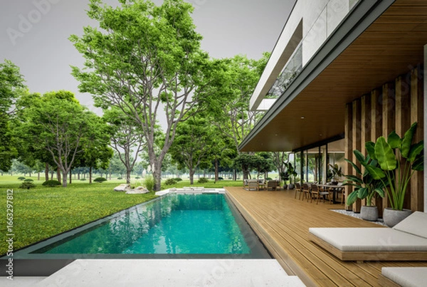 Fototapeta 3d rendering of two-story house with parking and pool for sale or rent with concrete facade and beautiful landscaping. Cloudy white sky overcast, soft shadows