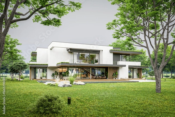 Fototapeta 3d rendering of two-story house with parking and pool for sale or rent with concrete facade and beautiful landscaping. Cloudy white sky overcast, soft shadows