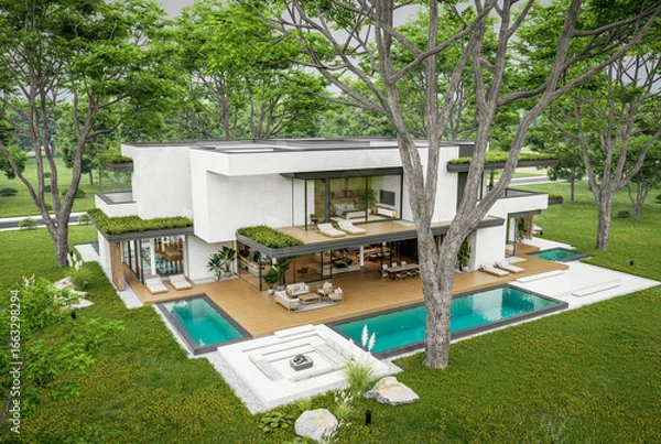 Fototapeta 3d rendering of two-story house with parking and pool for sale or rent with concrete facade and beautiful landscaping. Cloudy white sky overcast, soft shadows