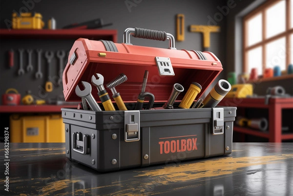 Obraz Open red and black toolbox filled with assorted tools in a workshop