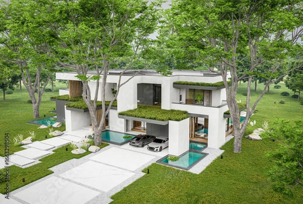 Fototapeta 3d rendering of two-story house with parking and pool for sale or rent with concrete facade and beautiful landscaping. Cloudy white sky overcast, soft shadows