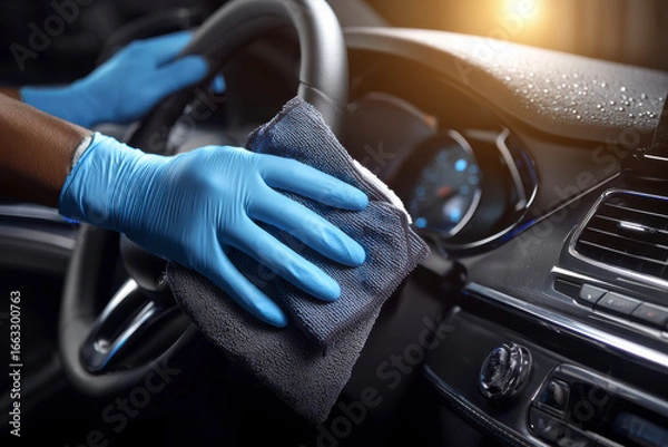 Fototapeta Detailing the dashboard of a car. Cleaning with gloved hands and a microfiber cloth.  Professional service.