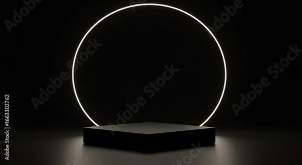 Fototapeta A minimalist studio setup features a dark, geometric platform illuminated by a glowing circular light, creating a dramatic and visually striking presentation space.