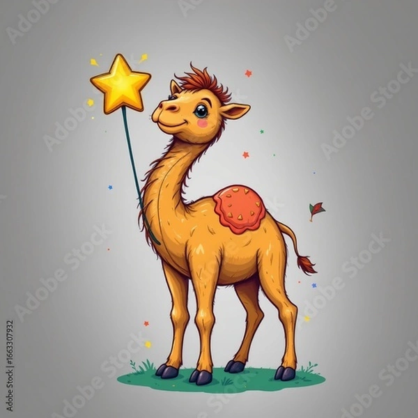 Fototapeta a friendly camel holding a star, in a cheerful kids illustration style with splashy colors on white background.