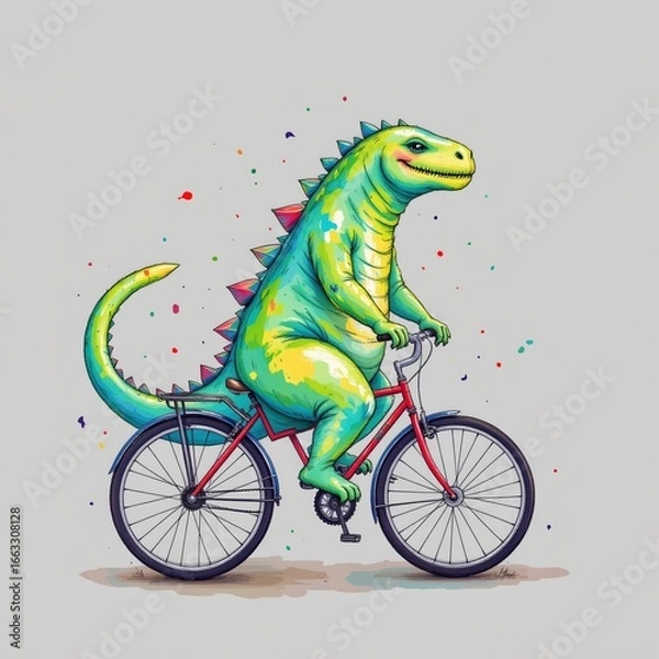 Fototapeta a gentle kaiju riding a bicycle, drawn in a playful watercolor splash style on a clean white backdrop.
