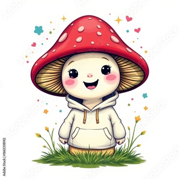 Fototapeta a magical talking mushroom wearing a hoodie, in a cheerful kids illustration style with splashy colors on white background.