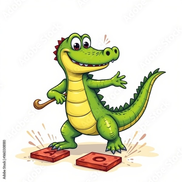 Fototapeta a friendly alligator playing hopscotch, in a cheerful kids illustration style with splashy colors on white background.