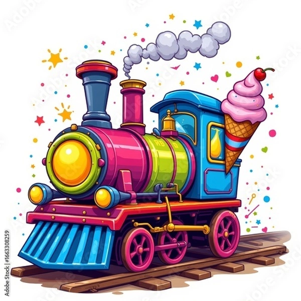 Fototapeta a sparkling train eating an ice cream, in a cheerful kids illustration style with splashy colors on white background.