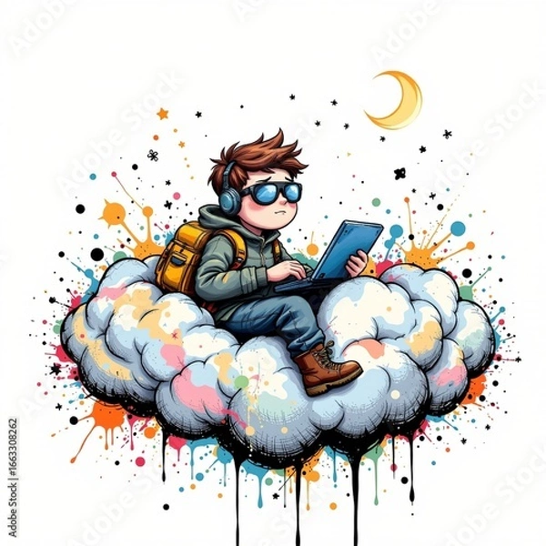 Fototapeta a adventurous journalist sleeping on a cloud, rendered in a colorful comic style with ink splatter on white background.