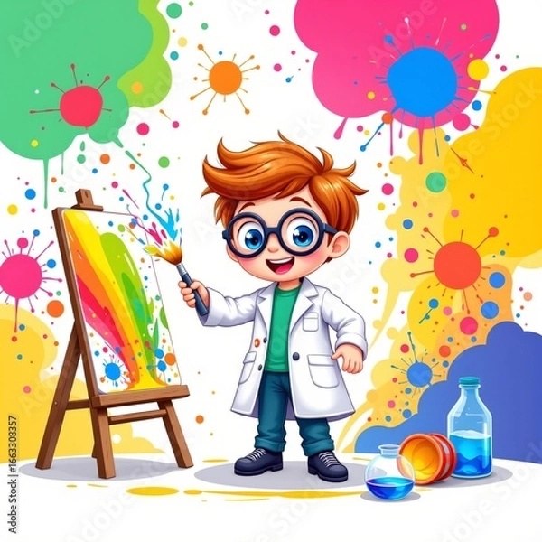 Fototapeta a radiant scientist painting a picture, in a cheerful kids illustration style with splashy colors on white background.