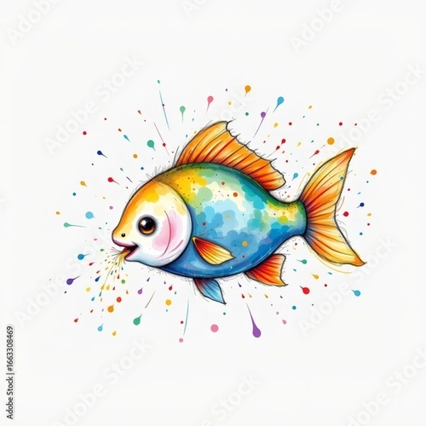 Fototapeta a sparkling halfling feeding fish, drawn in a playful watercolor splash style on a clean white backdrop.